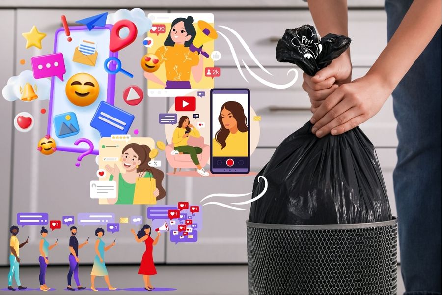 woman gripping garbage bag closed while social media images move toward it