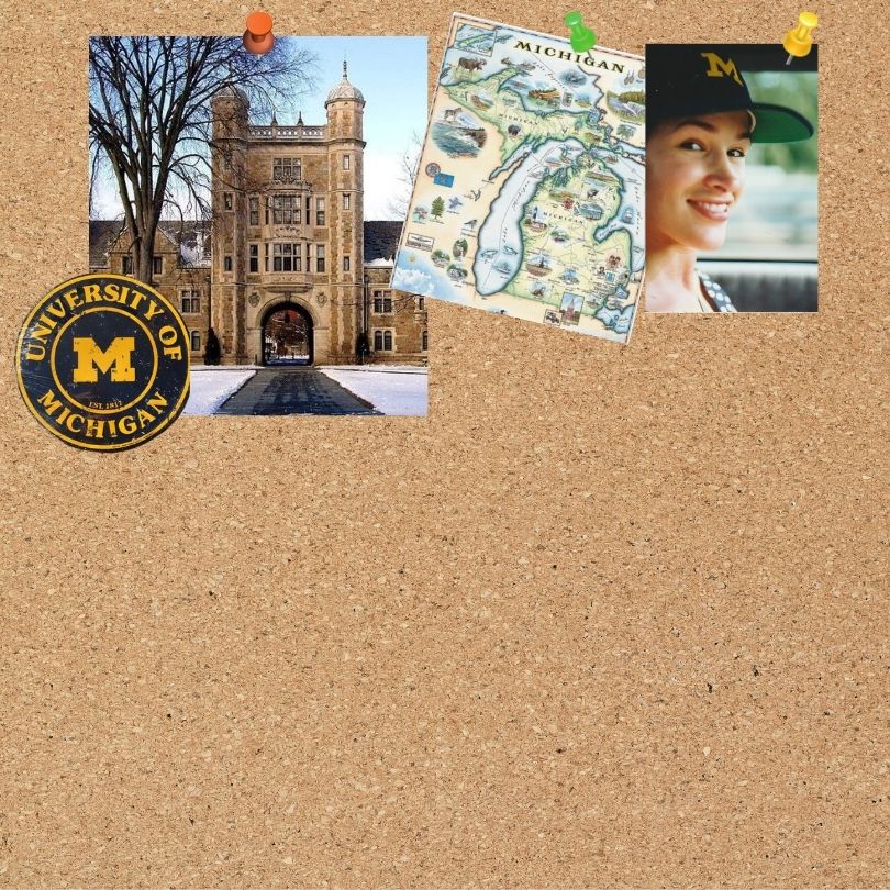 bulletin board with photos of University of Michigan, map of Michigan, Erin in UofM hat