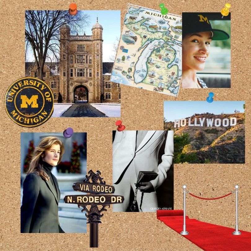 bulletin board with photos of Erin, Hollywood sign, Rodeo Drive sign, red carpet