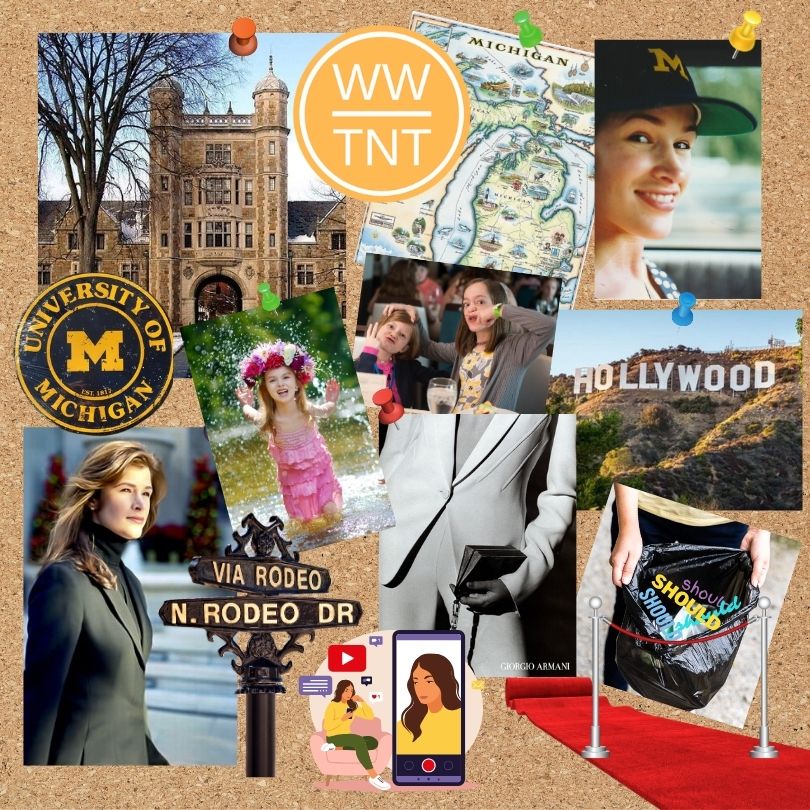 bulletin board with photos of Erin, the University of Michigan, Hollywood, a red carpet, and other images