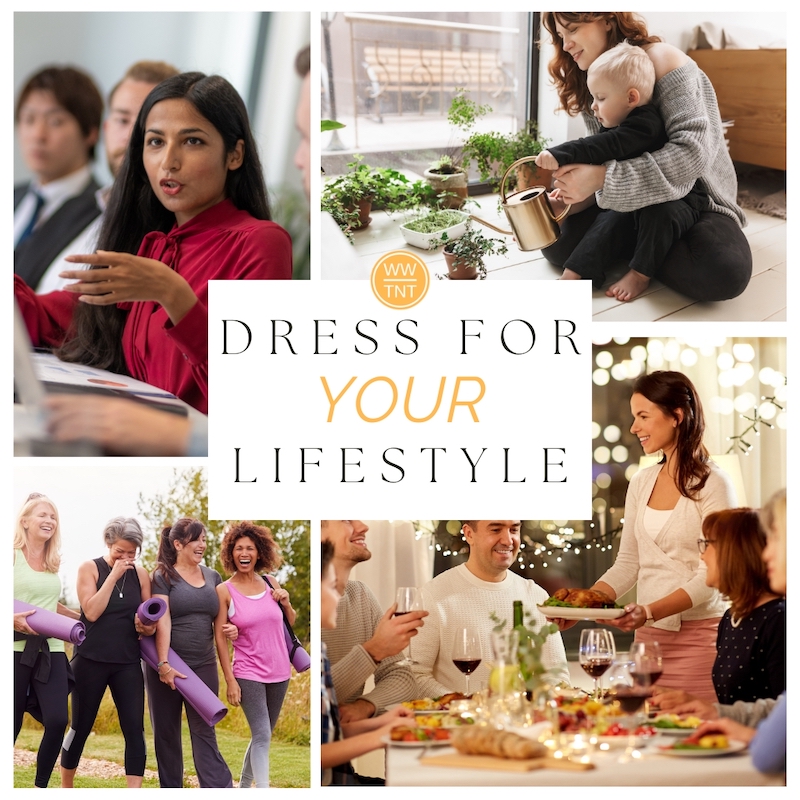 woman in office, women exercising, woman serving dinner to guests, woman with toddler