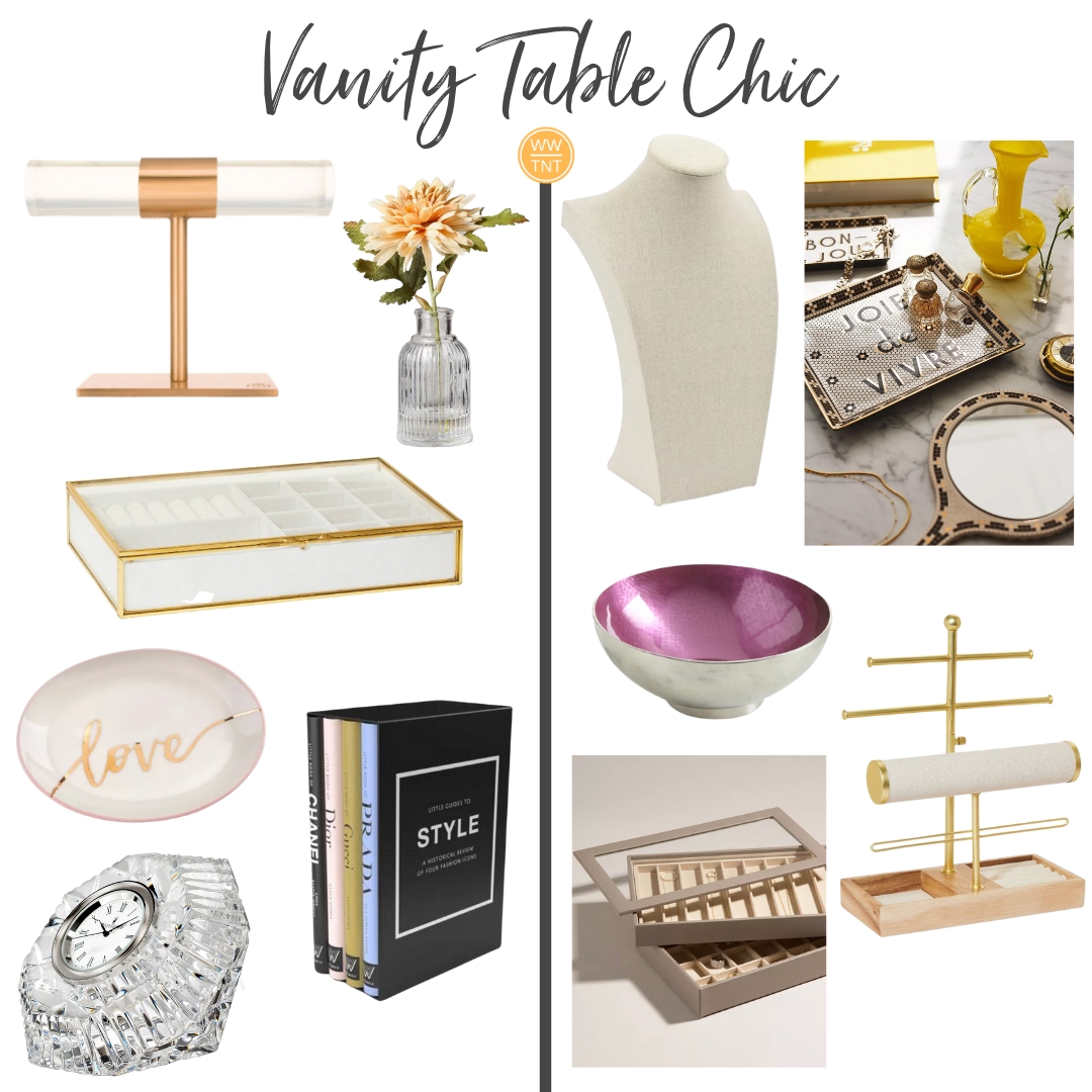 assortment of products for vanity table including clocks and jewelry holders