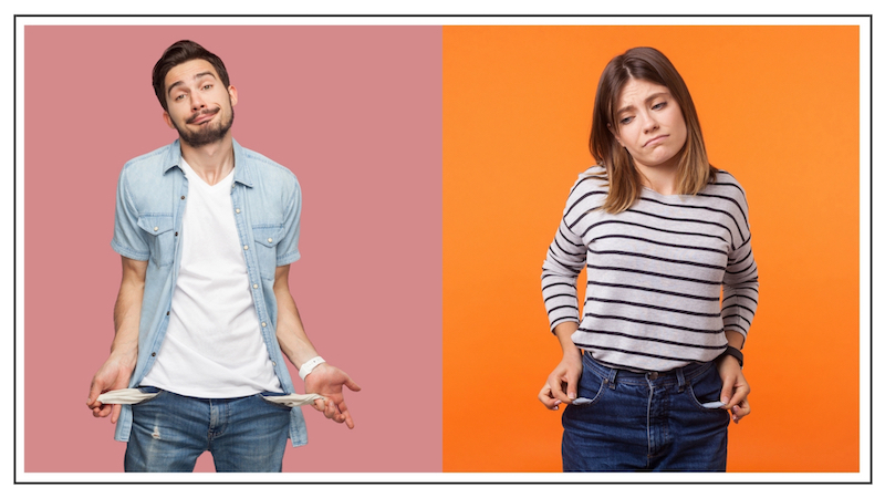 side by side image of man and woman each turning pockets inside out