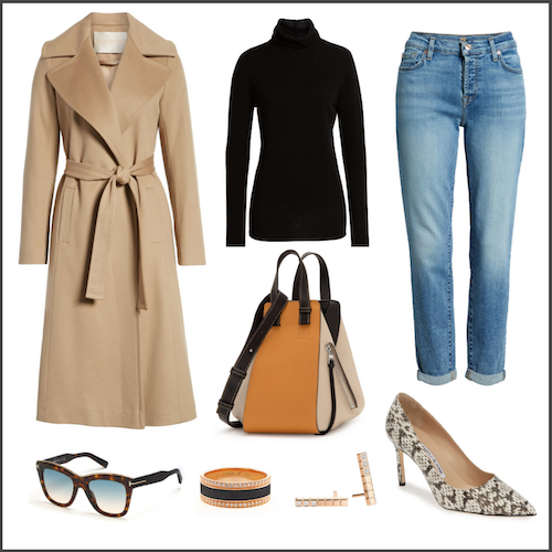 overcoat, turtleneck, jeans, and accessories create an outfit