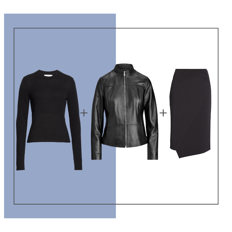 Donna Karan knit, leather jacket, and skirt