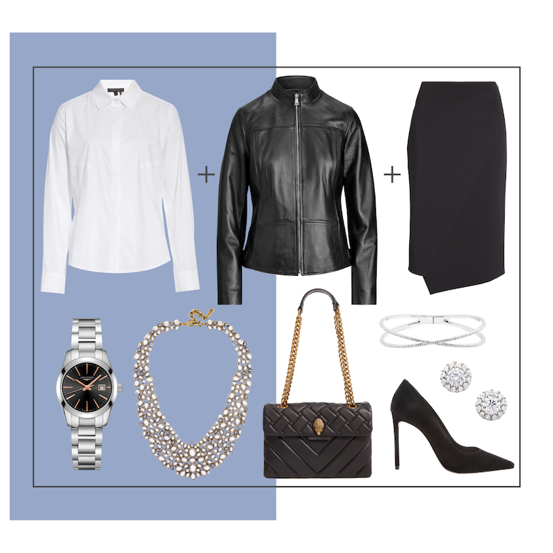 Donna Karan white shirt, leather, skirt cocktail look