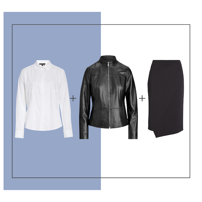 Donna Karan white shirt, leather, skirt