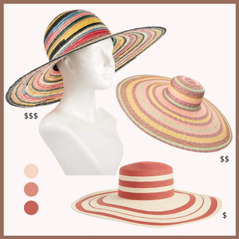 colorfully striped straw hats with large brims at various prices