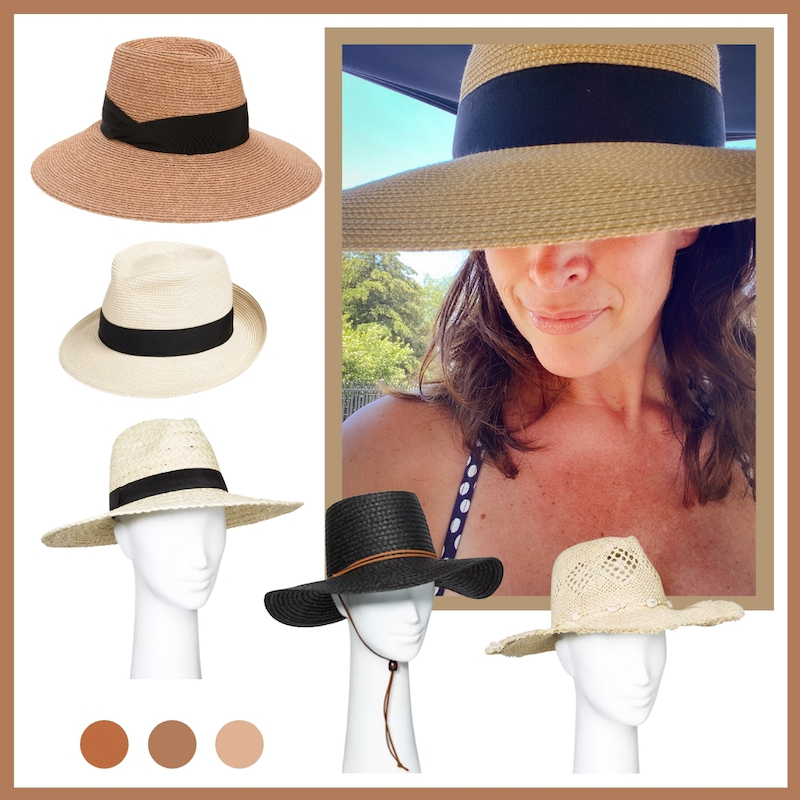 assortment of straw hats next to Erin wearing a large brimmed straw hat