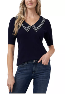 CeCe Cotton Embroidered Collar Sweater