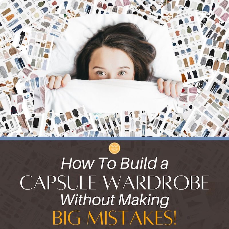 woman in bed hiding under covers surrounded by hundreds of images of capsule wardrobes