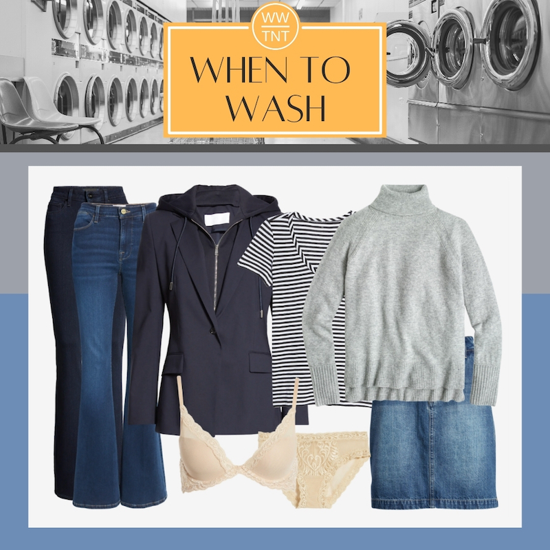 When To Wash Guide: assortment of jeans, sweaters, bra, suit jacket, and other clothes