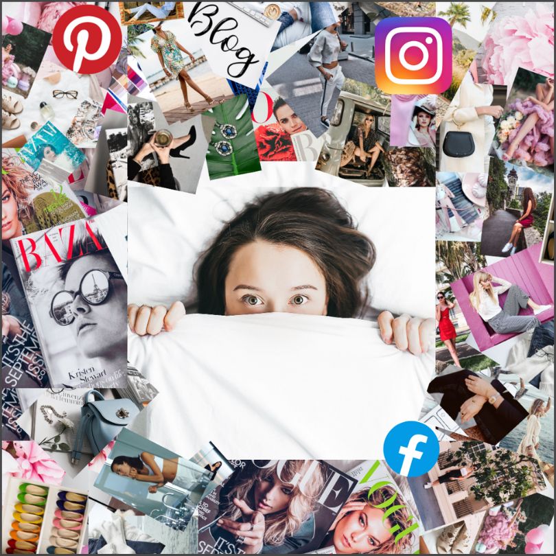woman hiding under the covers amidst hundreds of social media images