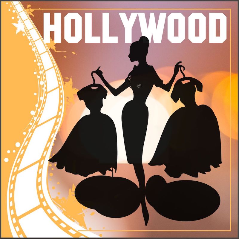 silhouette of Hollywood Stylist Holding two Dresses in front of Hollywood Sign