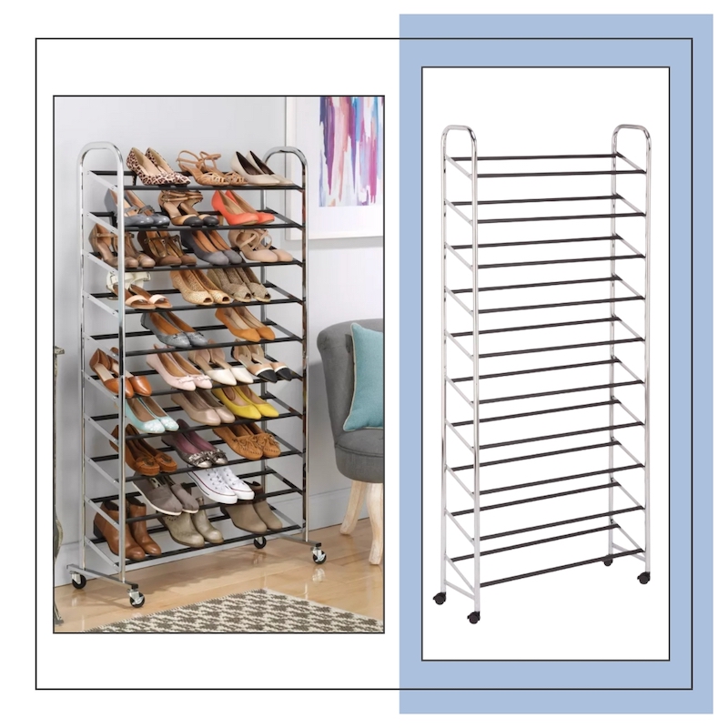 rolling shoe rack with shoes on it
