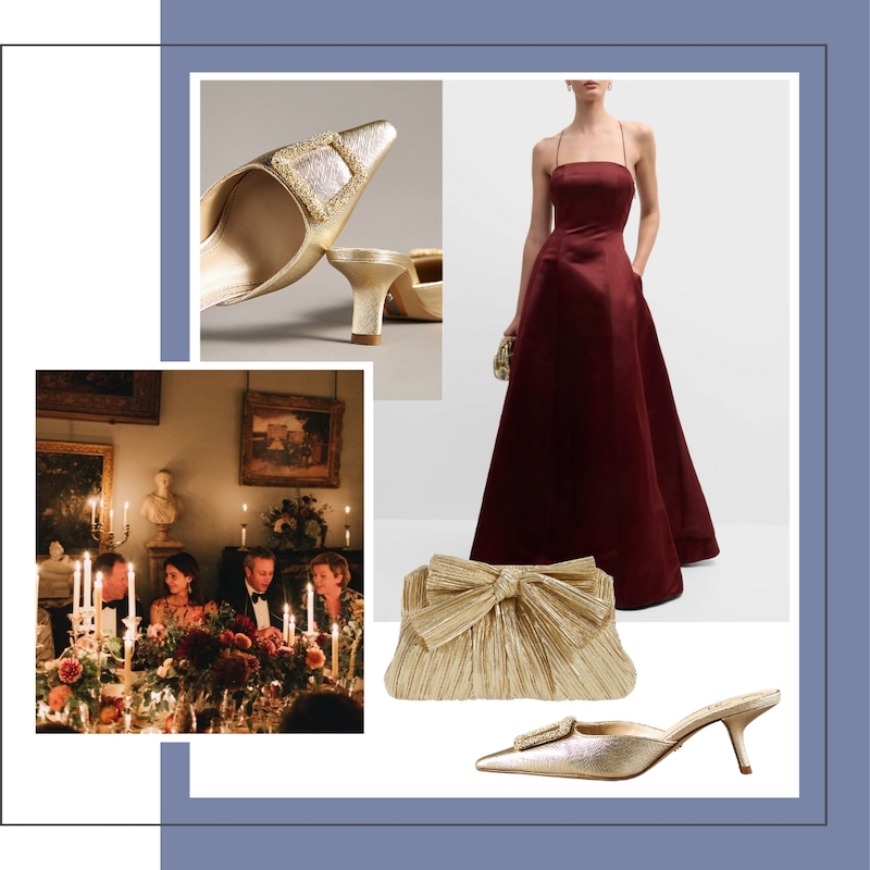gown and accessories for formal dinner party