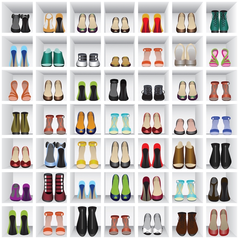 colorful computer graphic of multiple pairs of shoes on shelves