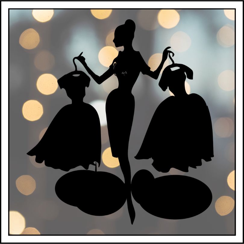 Hollywood stylist silhouette holding beautiful dresses in each hand