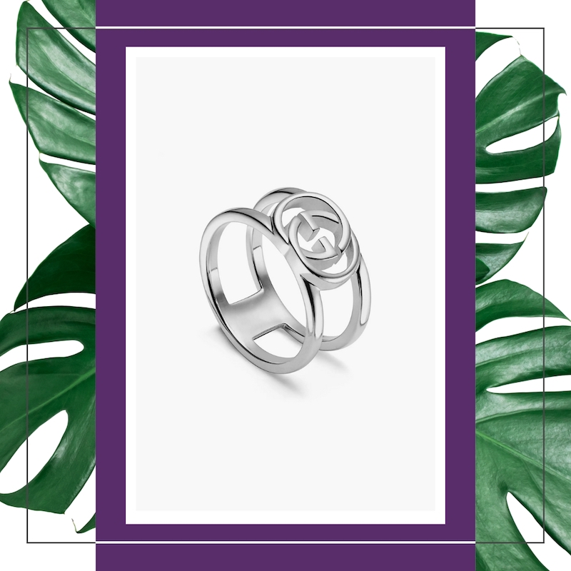 Gucci Silver G Ring on tropical leaves