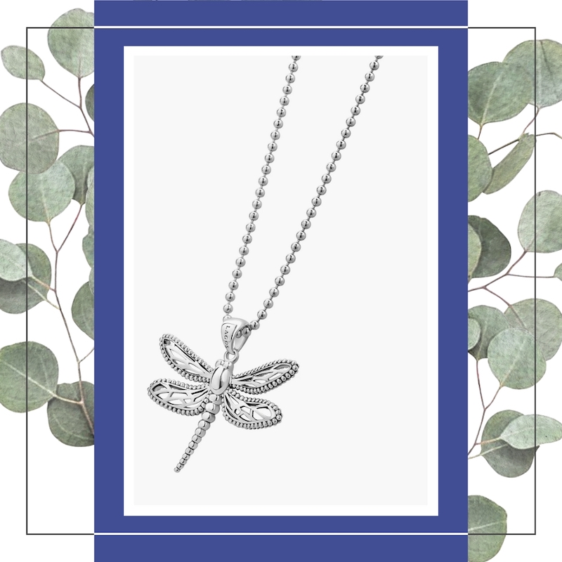 Lagos Silver Dragonfly Pendant Necklace on Eucalyptus leaves