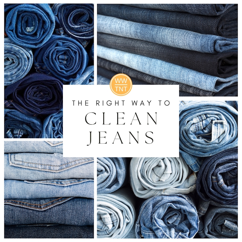several color pairs of jeans folded, rolled, and stacked together