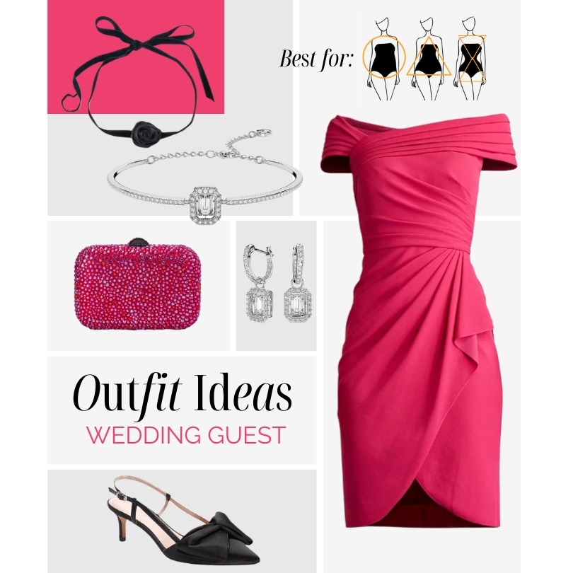 Magenta off shoulder cocktail dress with matching shoes and accessories