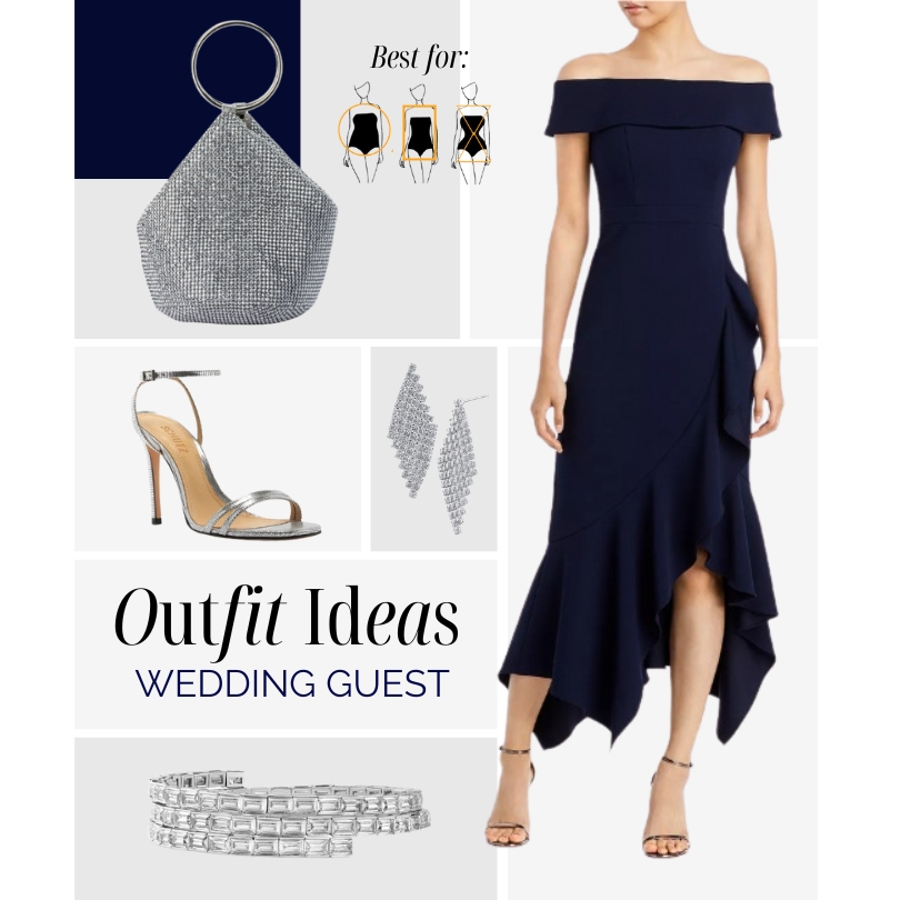 Navy off shoulder cocktail dress with matching shoes and accessories