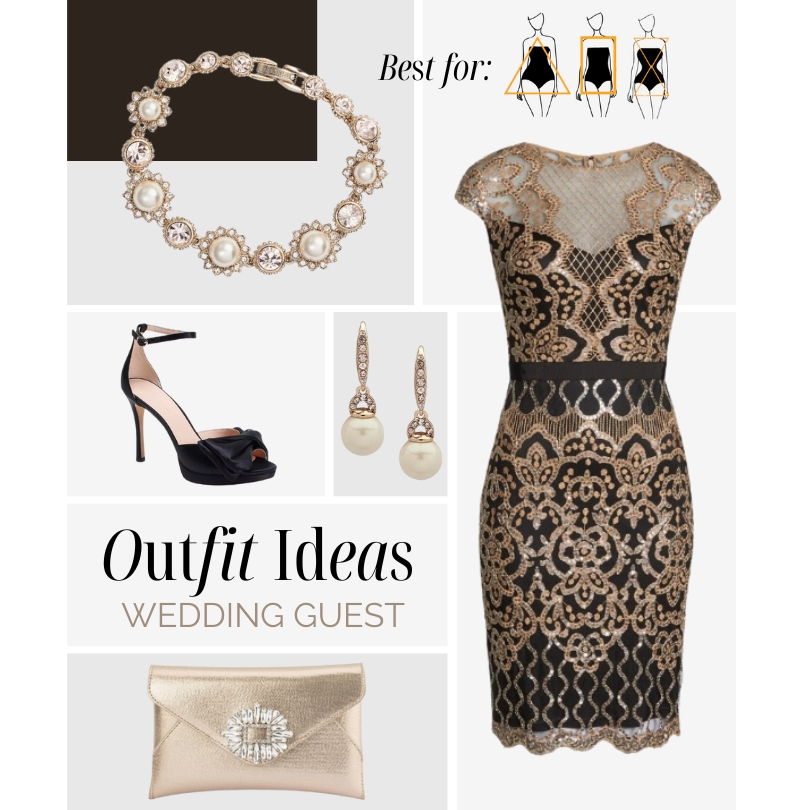 Black and gold filigree overlay cocktail dress with matching shoes and accessories perfect for a wedding guest