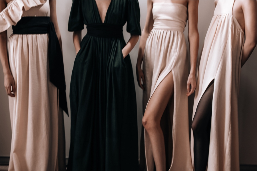 Long black and beige dresses on four models