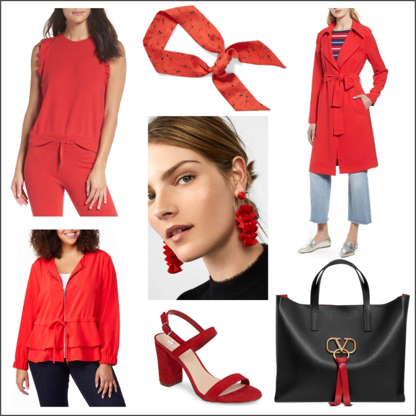 red accessories including earrings, shoes, and a handbag with red clothes