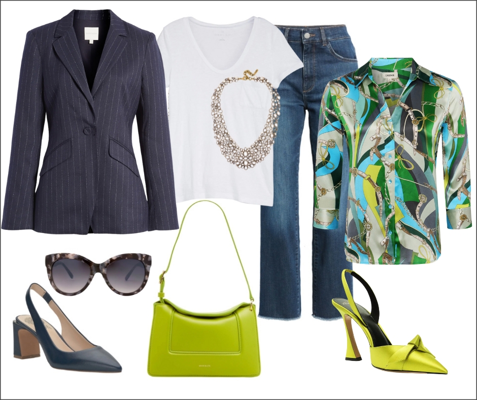 navy pinstripe jacket paired with white tee and bright citron green handbag and shoes