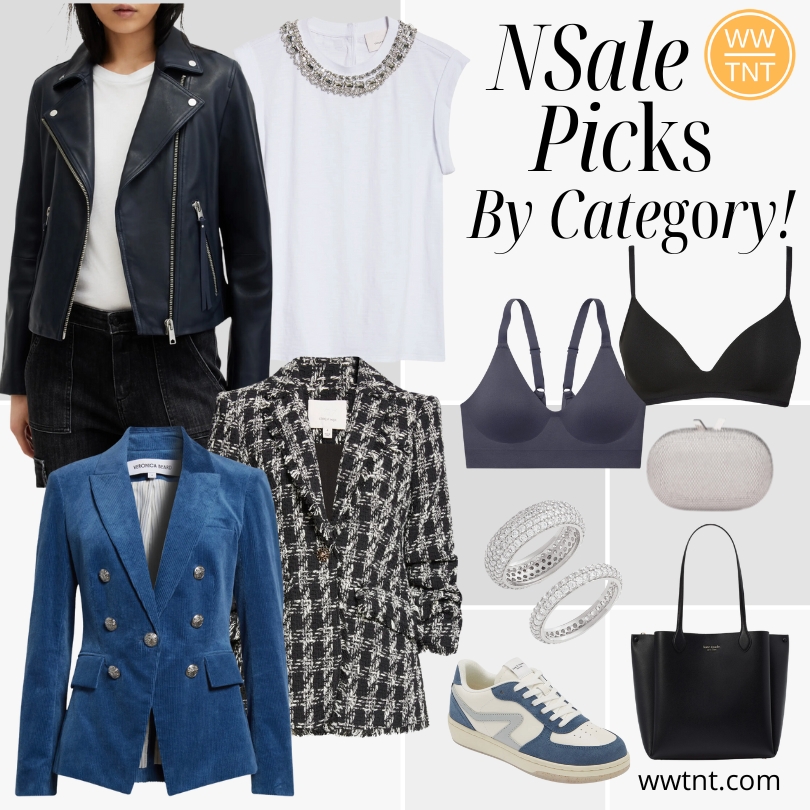 Black, grey, blue, and silver clothing and accessories from the Nordstrom Anniversary Sale NSale