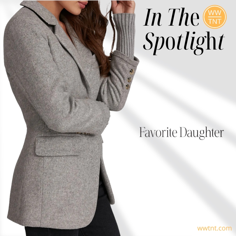 side view of woman wearing Favorite Daughter gray blazer with knit cuffs