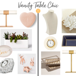 assortment of products for vanity table including clocks and jewelry holders