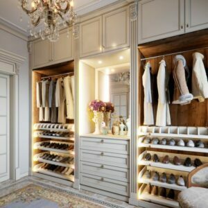 Luxurious closet with shoe shelves